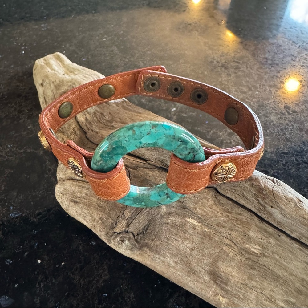 Southwestern Leather Bracelet – Turquoise, Brass Rivets, Adjustable